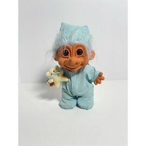 VTG 8" Large Russ Troll Doll Blue Stripe Bedtime Pajama Hospital TEDDY BEAR RARE